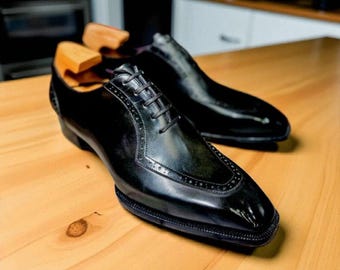 手作りの黒革オックスフォードシューズ：メンズフォーマルドレスウェディングシューズ