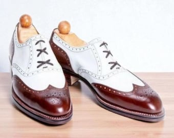 Handmade Two-Tone Leather Wingtip Oxford Brogue Shoes