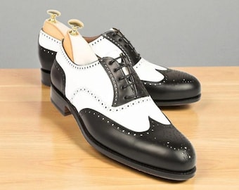 Handmade Two-Tone Leather Oxford Brogue Shoes: Wing Tip Dress Shoes