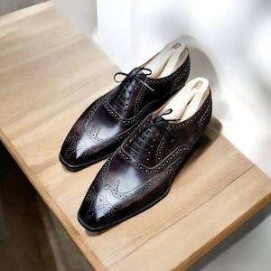 New Men&#39;s Fashion Classic, Hand Made Stylish Brown Shaded Real Leather Lace Up Wing Tip Men&#39;s Formal Oxford Brogue Wedding Dress Shoes