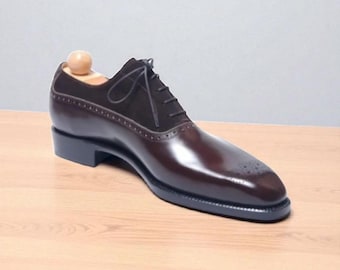 Handgefertigte Zweifarbige Braune Leder Oxford Brogue : Wildleder Schnürschuhe