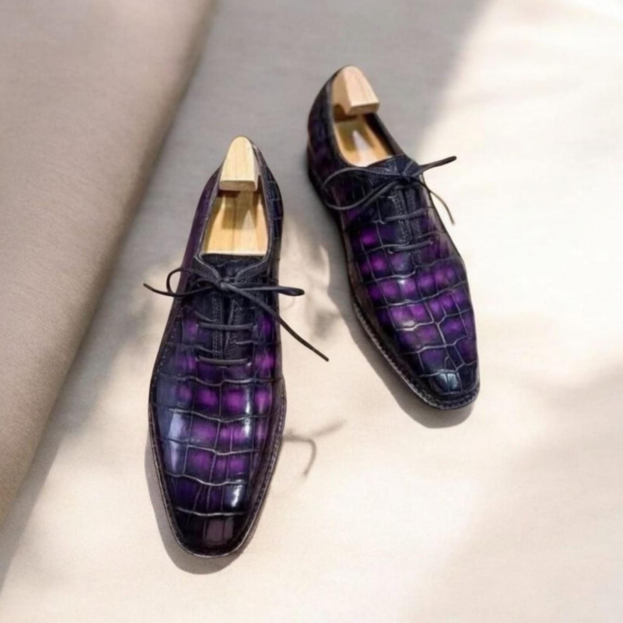 Handmade Purple Crocodile Leather Oxford Shoes: Men