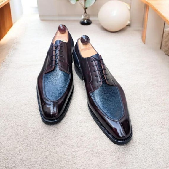 Handmade Two-Tone Burgundy & Blue Leather Oxford Dress Shoes: Men's Formal Derby Handmade Two-Tone Burgundy & Blue Leather Oxford Dress Shoes: Men's Formal Derby