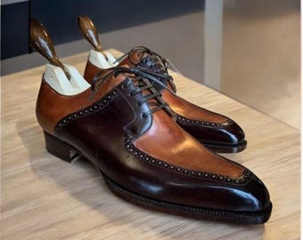 Handmade Two-Tone Tan & Brown Leather Wingtip Oxford Brogue: Classic Derby Dress Shoes