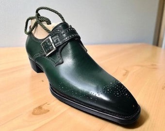 Handgemaakte groene leren Oxford brogue monk schoenen: Heren trouwjurk met enkele band