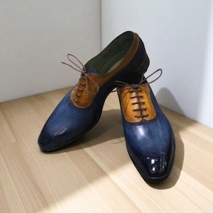 New Classic, Hand Made Men&#39;s Stylish Two Tone Blue Shaded Leather & Tan Leather Lace Up Men&#39;s Formal Oxford Brogue Party Wear Dress Shoes