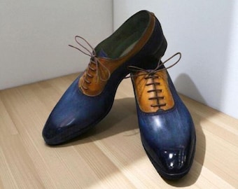 Handmade Two-Tone Leather Oxford Brogue Shoes: Men's Formal Dress Shoes