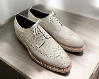 Handmade Cream Grain Leather Oxford Brogue: Men's Wingtip Dress Shoes
