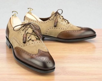 Handmade Two-Tone Leather Oxford Brogue Shoes: Men's Formal Dress Shoes