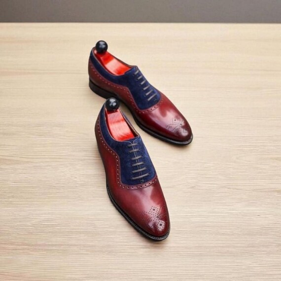 Handmade Two-tone Oxford Brogue Shoes: Maroon Leather & Blue Suede Lace up Dress