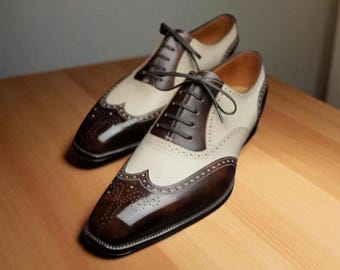 Handmade Two-Tone Leather Wingtip Oxford Brogue Dress Shoes