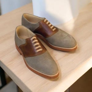 New Men&#39;s Stylish, Hand Made Two Tone Grey Suede & Brown Leather Lace Up Whole Cut Men&#39;s Formal Oxford Brogue Party Wear Wedding Dress Shoes