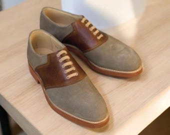 Handmade Two-Tone Oxford Brogue Shoes: Grey Suede & Brown Leather