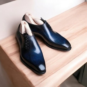 New Men&#39;s Fashion, Real Leather, Classic Hand Made Blue Shaded Genuine Leather Whole Cut, Oxford Formal Party Wear Side Lace Up Dress Shoes