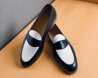 Handmade Blue & White Leather Penny Loafers: Men's Two-Tone Oxford Dress Moccasin Shoes