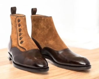 Handmade Two-Tone Leather Chelsea Boots: Men's Oxford Ankle Button Boots