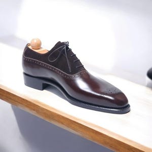 New Classic, Hand Made Men&#39;s Stylish Two-Tone Brown Shaded Leather & Brown Suede Leather Lace Up Men&#39;s Formal Oxford Brogue Party Dress Shoe