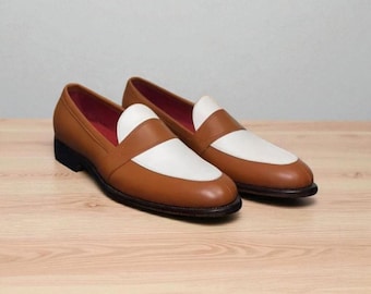 Handgefertigte zweifarbige Leder Penny Loafers: Herren Formelle Oxford Formelle Kleidung Mokassin
