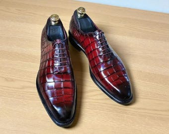 New Handmade Red Crocodile Texture Leather Oxford Shoes: Men's Lace Up Formal Wedding Dress
