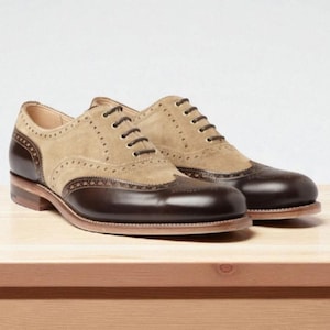 Handmade Two-Tone Leather Wingtip Oxford Brogue Dress Shoes