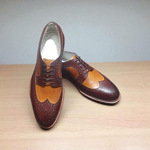 Handmade Two-Tone Leather Wingtip Oxford Shoes: Mustard & Brown