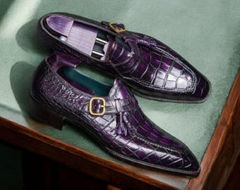 Handmade Purple Crocodile Texture Leather Oxford Monk Shoes: Men's Single Strap