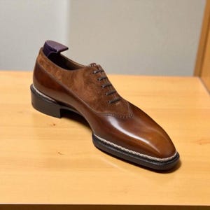 New Men&#39;s Stylish, Hand Made Two Tone Brown Shaded Leather & Suede Leather Lace Up Men&#39;s Formal Oxford Brogue Party Wear Wedding Dress Shoes