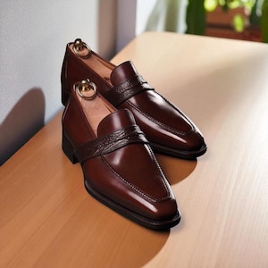 New Men's Fashion, Hand Made Stylish Reddish Brown Leather & Grain Leather Slip On Penny Loafer Men's Formal Oxford Wedding Party Shoes