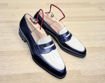 Handmade Two-Tone Leather Penny Loafers: Men's Blue & White Oxford Dress Moccasin Shoes