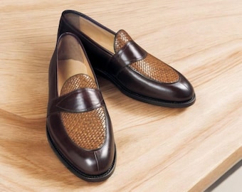 Handgefertigte zweifarbige Leder Penny Loafers: Formelle Herren Oxford Schuhe