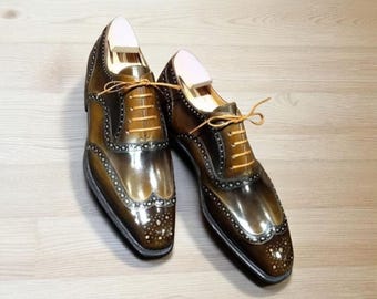 Handmade Leather Wingtip Oxford Brogue Shoes - Men's Brown Shaded