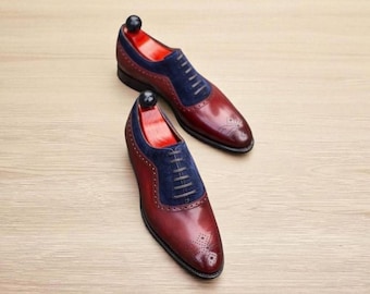 Handmade Two-Tone Oxford Brogue Shoes: Maroon Leather & Blue Suede Lace Up Dress