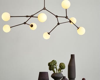 1950s Mid-Century Modern 8-Arm Brass Sputnik Chandelier | Sculptural Glass Globe Ceiling Light | Luxury Living & Dining Pendant Fixture