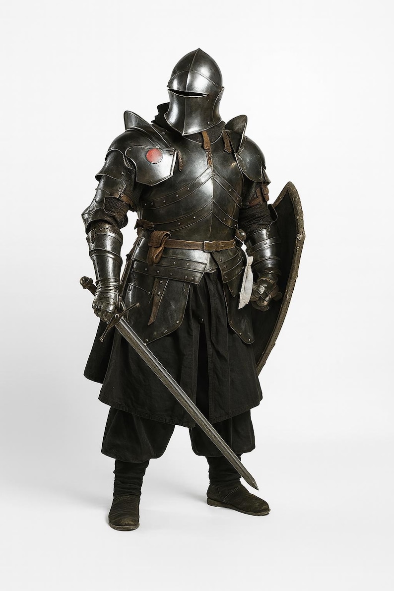 May include: Full suit of medieval armor in dark metal, including a helmet, chest plate, shoulder guards, and leg protection. The armor is worn with a black tunic and pants. A sword and shield are also included.