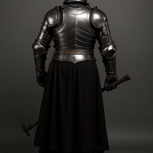 May include: A full suit of medieval armor, viewed from the back, with a polished metal finish. The armor includes a helmet, chest and back plates, shoulder and arm protection, and a skirt-like lower garment. The figure holds a weapon.