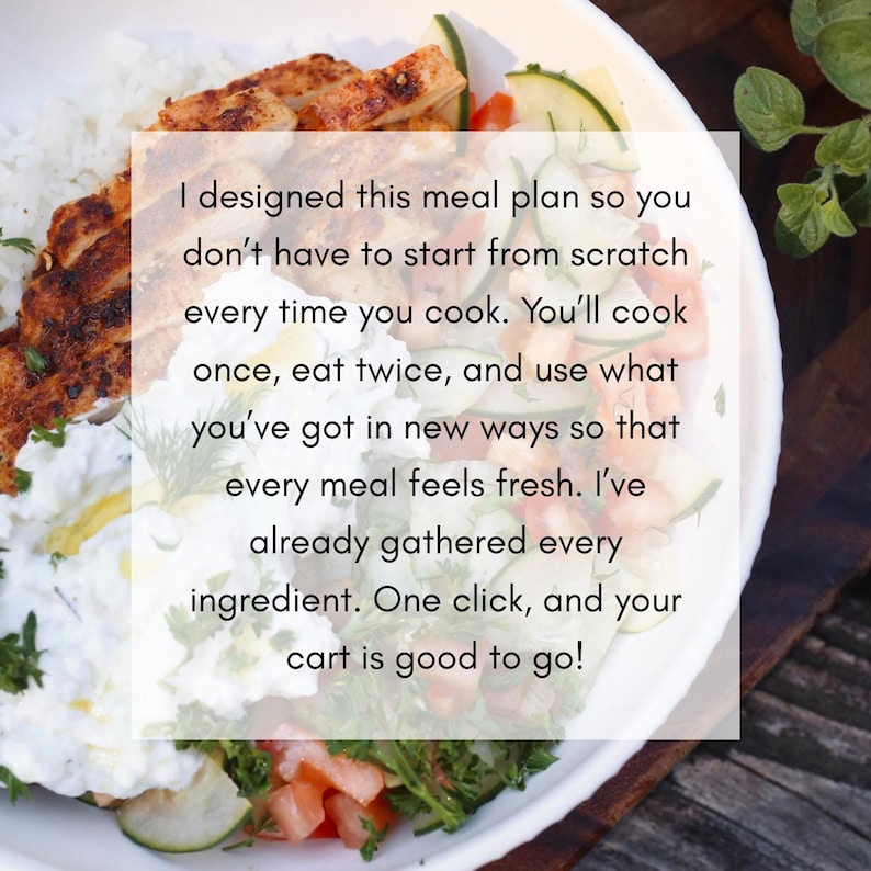May include: A white bowl filled with a meal featuring grilled chicken, rice, and a fresh salad with cucumbers and tomatoes. Text overlay reads: "I designed this meal plan...cart is good to go!"