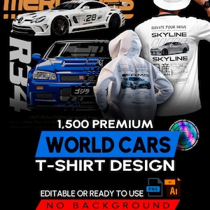 1,500 Premium Car Designs For T-Shirts, Printing, DTF, High Definition Sublimation +450 Bonus Mockups