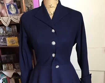 Vintage 1940's Coat Princess Cut Nipped Waist Dark Blue Wool *Dell-Mann Original* Fully Lined Rhinestone Buttons SOLD AS IS!!