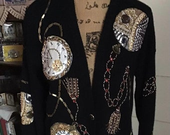 Vintage 1990's Cardigan Sweater Black With Beaded & Sequin Pocket Watches *Raffia* Lambswool/Angora