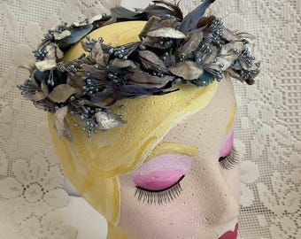 Vintage 1950's 1960's Hat Ringlet Pillbox Style Blue Leaves & Two Fake Blue Birds No Makers Label Or Tag Sold AS IS!!