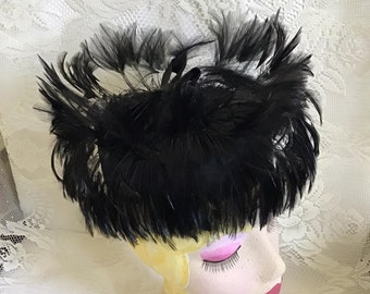 Vintage 1950's Hat Pillbox Black Satin And Feathers Label Is *Sonni California Strawbridge & Clothier*