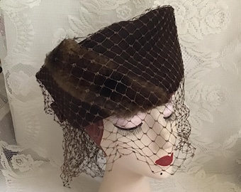 Vintage 1940's Hat RARE Tall Tilt Hat Dark Brown With Genuine Rabbit Fur Thick Veiling Art Deco