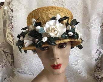 Vintage 1950's 1960's Hat Cream Color Straw Hat With White Roses And Green Leaves *H.C.PRANGE Co. Millinery*