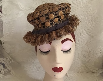 Vintage 1940's Hat RARE Unique Light Brown Straw Art Deco Tilt Style Hat *New York Creation* Label