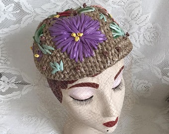 Vintage 1950's 1960's Hat Beige Straw With Veiling Flowers In Colors Of Pink/Purple/Seafoam Green *Styled By Sue*