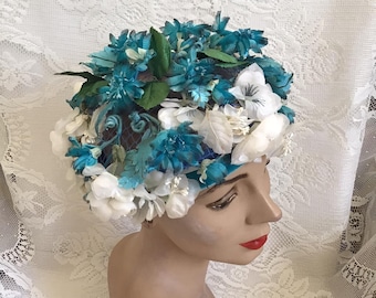 Vintage 1960's Hat Pillbox Style Lighter Teal And White Floral Hat No Makers Label Or Tags