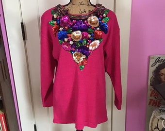Vintage 1980's Sweater Rich Raspberry Color With Sequins & Beads Beverly Style Sweater Longer Length *Viki International* Size Large