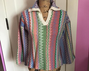 Vintage 1970's Sweater Pullover *Pandora* Made Of Orlon Acrylic & Mohair In Pretty Pastel Colors