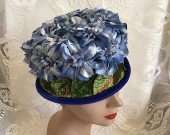 Vintage 1960's Hat Bucket Style With Dark And Light Blue Flowers Velvet Brim