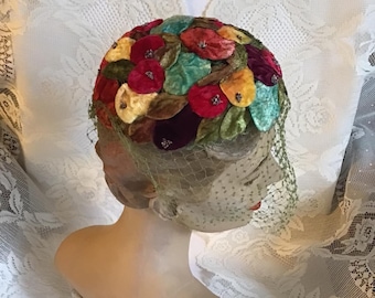 Vintage 1950's 1960's Hat Pillbox Multi-Color Velvet Fruit Adorning The Hat With Green Veiling